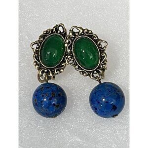 Vintage VOGUE Clip Earrings Green Cabochon & Blue Speckled Drop Gold Tone